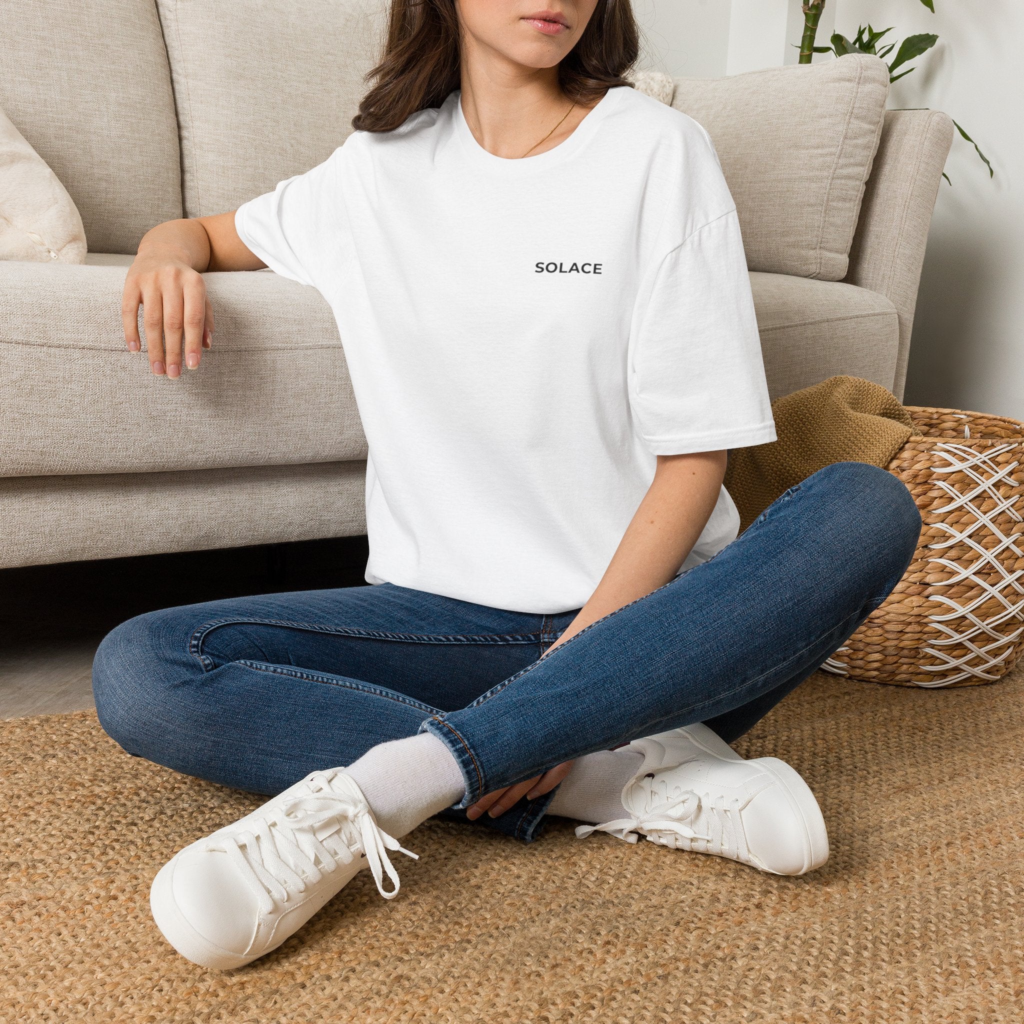 Solace Minimalist Tee — Small Chest Text Relaxed T-Shirt
