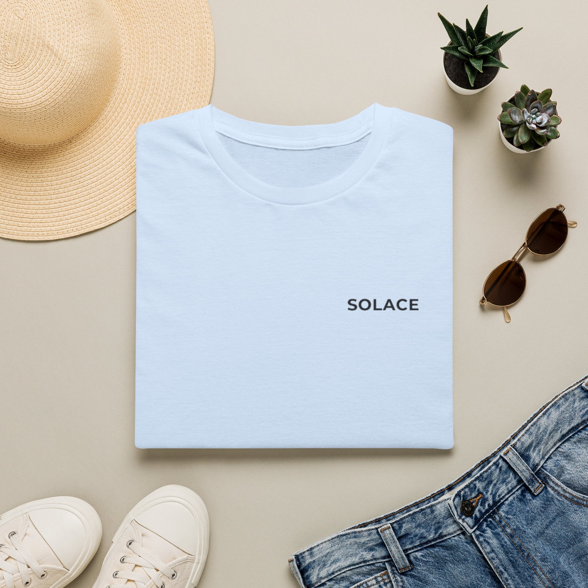Solace Minimalist Tee — Small Chest Text Relaxed T-Shirt