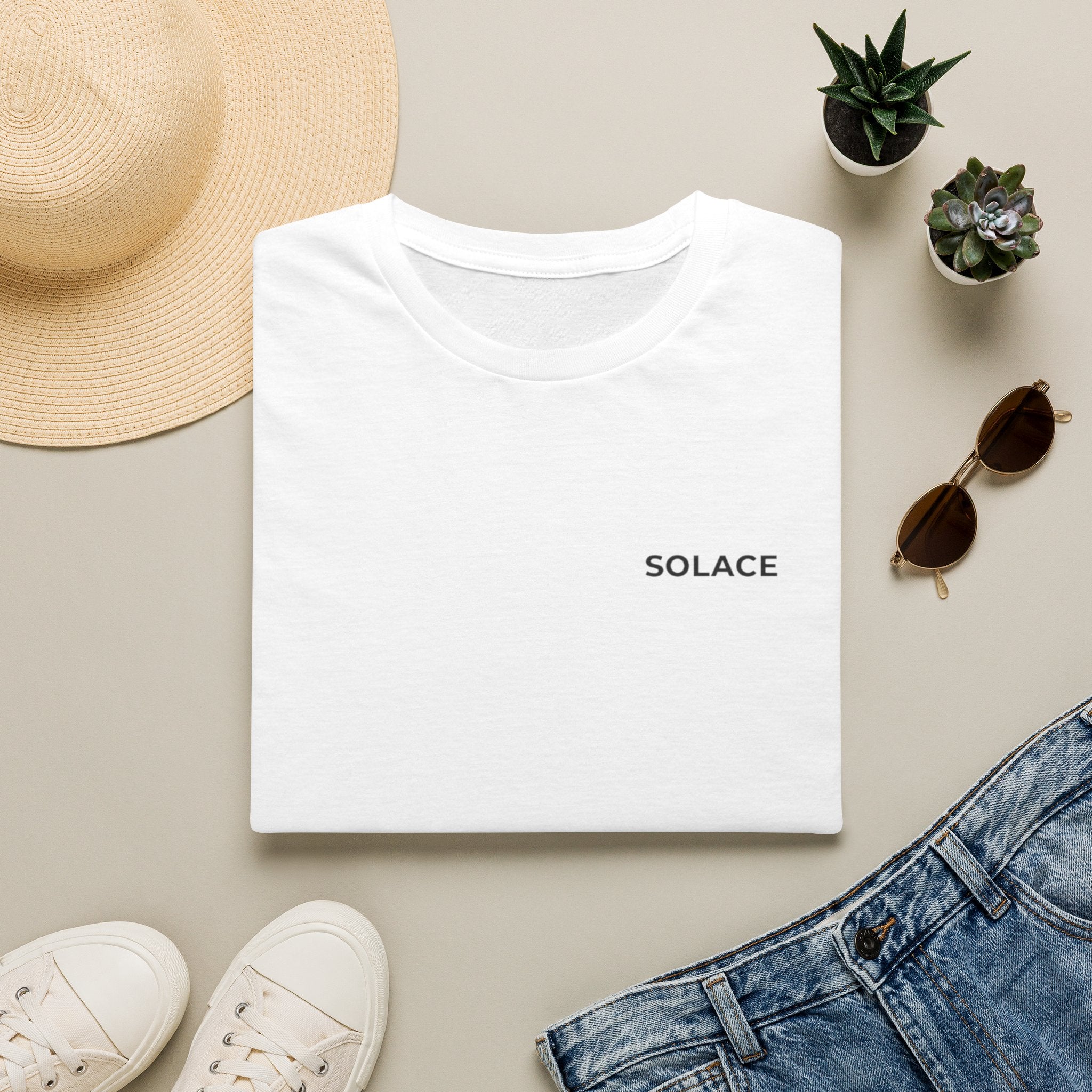 Solace Minimalist Tee — Small Chest Text Relaxed T-Shirt