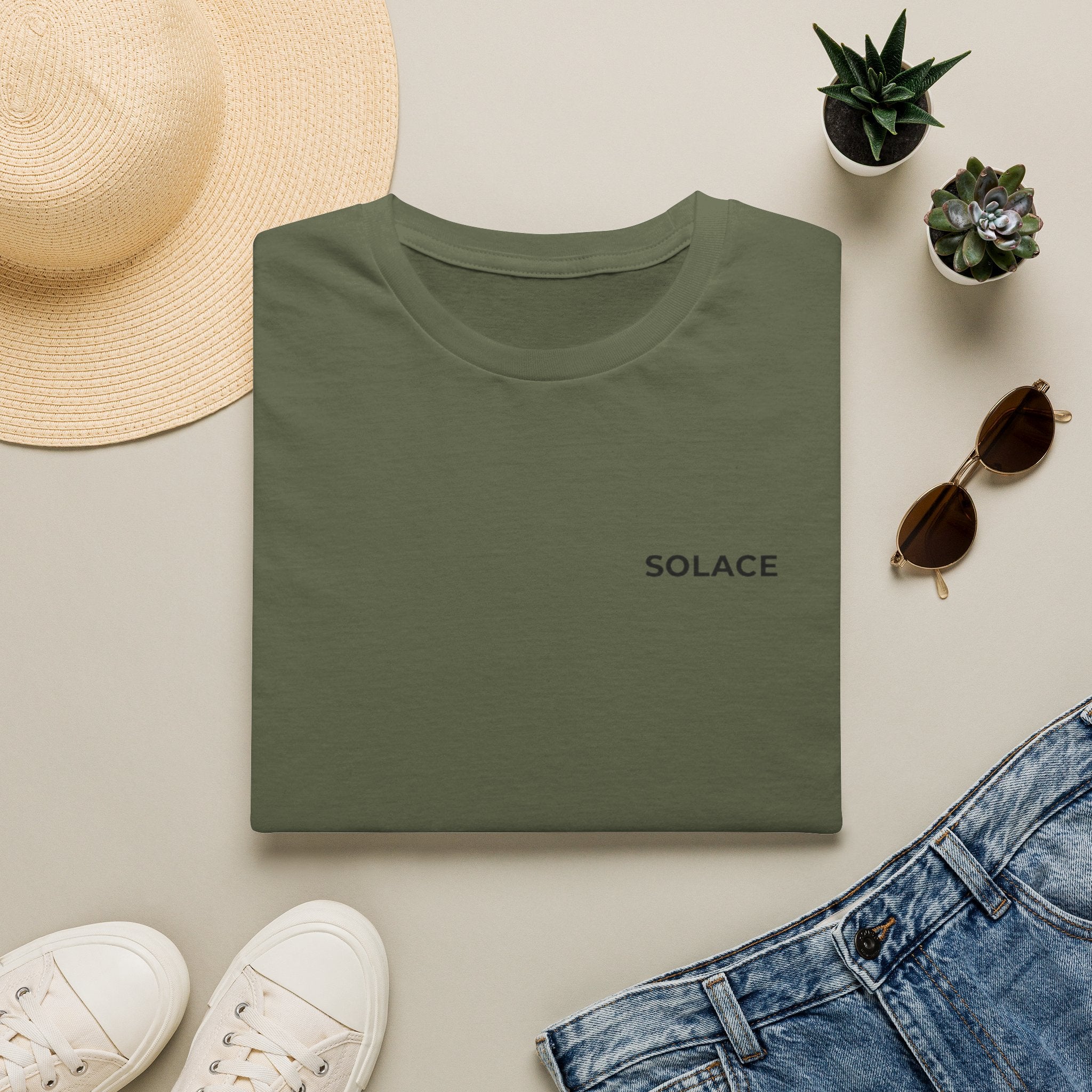 Solace Minimalist Tee — Small Chest Text Relaxed T-Shirt